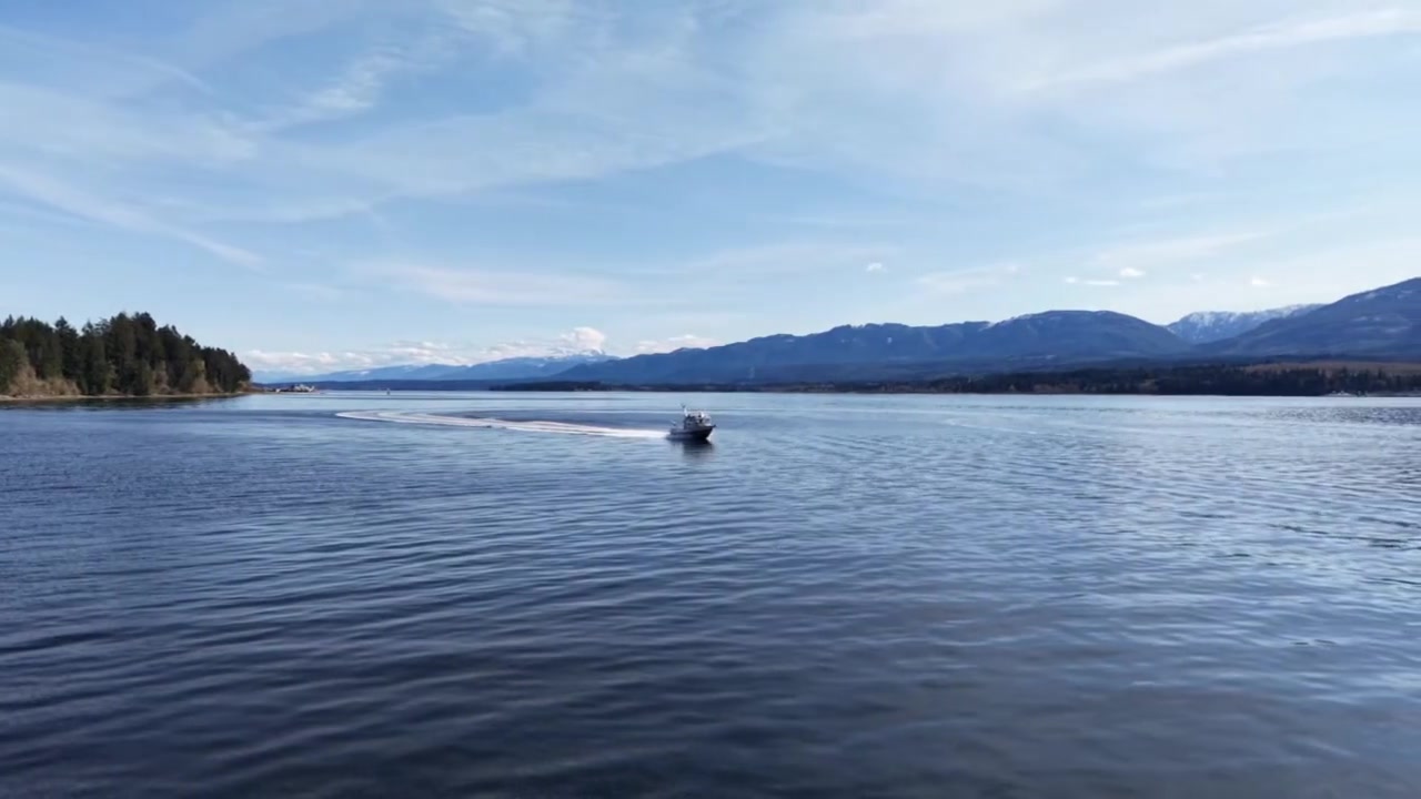 Big Coast Marine Adventures charter boat at the dock across Baynes Sound, Denman Island BC